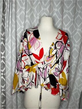 Band Of The Free Bat Wing Floral Peplum Top Tie Front Size Small